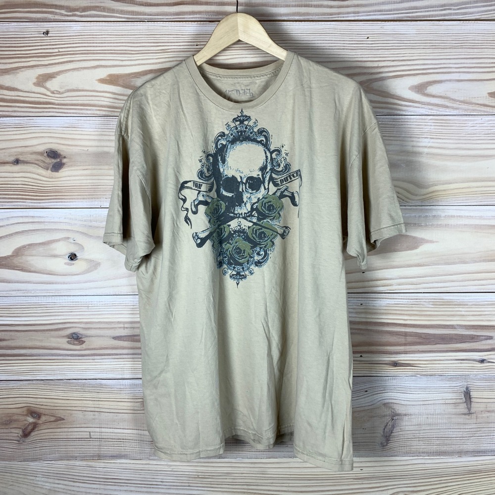 Von Dutch Shirt Mens XL Beige Skull Roses Graphic Streetwear Biker Y2K